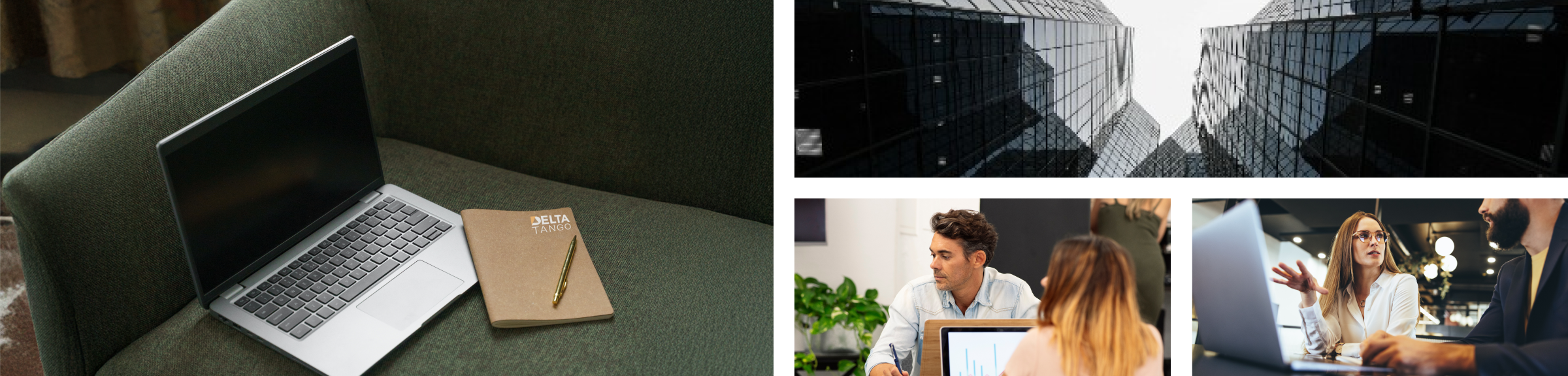 Delta Tango laptop, city architecture, and advisory work scenes