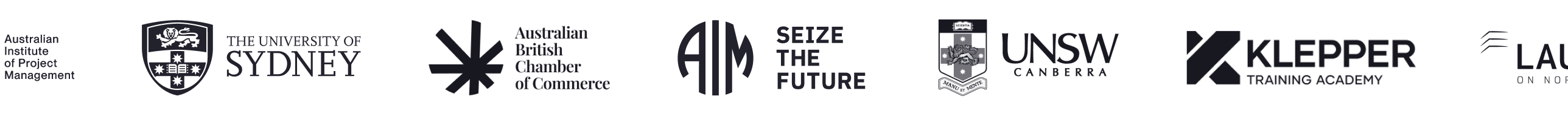 AIPM, The University of Sydney, Australian British Chamber of Commerce, AIM, Seize the Future, UNSW Canberra, Klepper Training Academy, and Launch On Demand